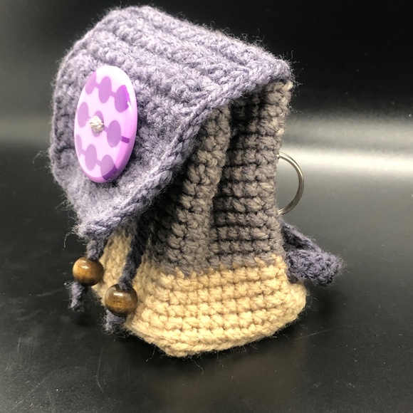 Whimsical Crochet Backpack Keychain – Grape Tan Colorblock, Pom Poms, & Beads - Picture 3 of 12